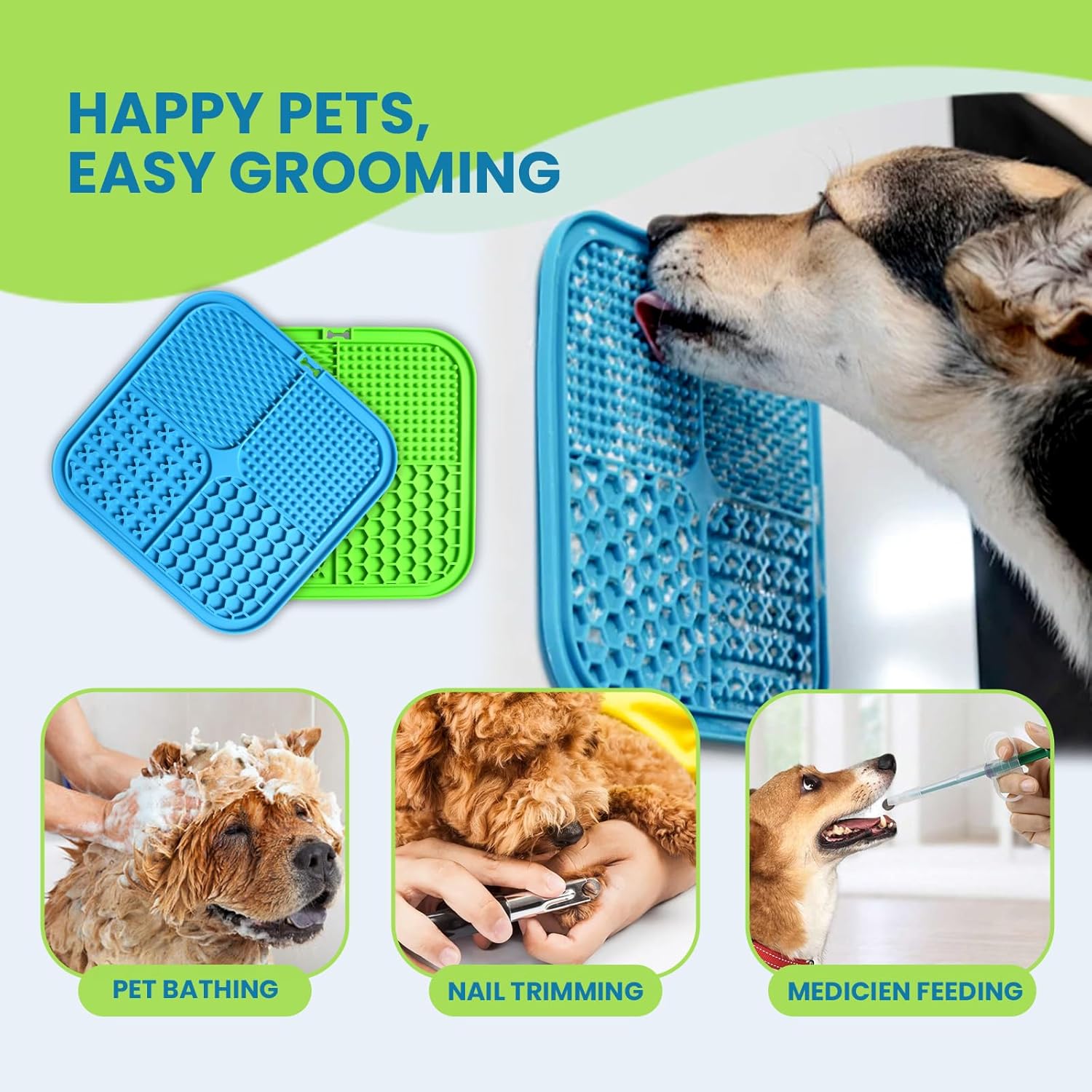 Lick Mats for Dogs & Cats - 2 Pack Licking Pad with Suction Cups for Dog Anxiety Relief, Slow Feeder Dog Bowls, Perfect for Bathing Grooming and Training (Green/Blue + Spatula & Brush)