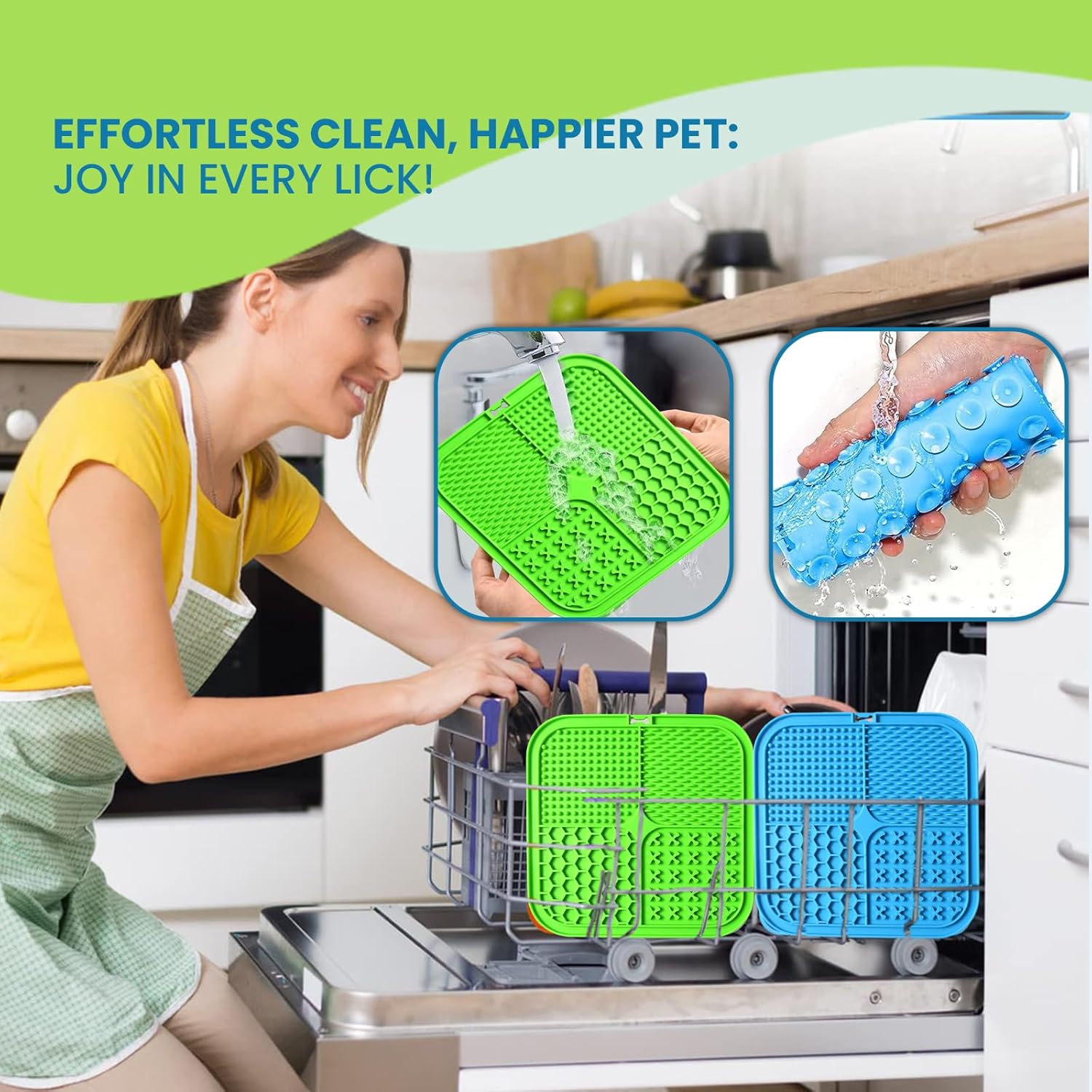 Lick Mats for Dogs & Cats - 2 Pack Licking Pad with Suction Cups for Dog Anxiety Relief, Slow Feeder Dog Bowls, Perfect for Bathing Grooming and Training (Green/Blue + Spatula & Brush)