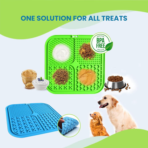 Lick Mats for Dogs & Cats - 2 Pack Licking Pad with Suction Cups for Dog Anxiety Relief, Slow Feeder Dog Bowls, Perfect for Bathing Grooming and Training (Green/Blue + Spatula & Brush)