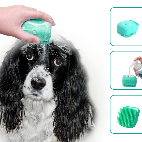 Pet Grooming Bath Massage Brush with Soap and Shampoo Dispenser Soft Silicone Bristle for Long Short Haired Dogs Cats Shower (Pink)