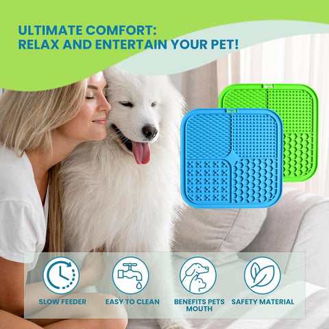 Lick Mats for Dogs & Cats - 2 Pack Licking Pad with Suction Cups for Dog Anxiety Relief, Slow Feeder Dog Bowls, Perfect for Bathing Grooming and Training (Green/Blue + Spatula & Brush)