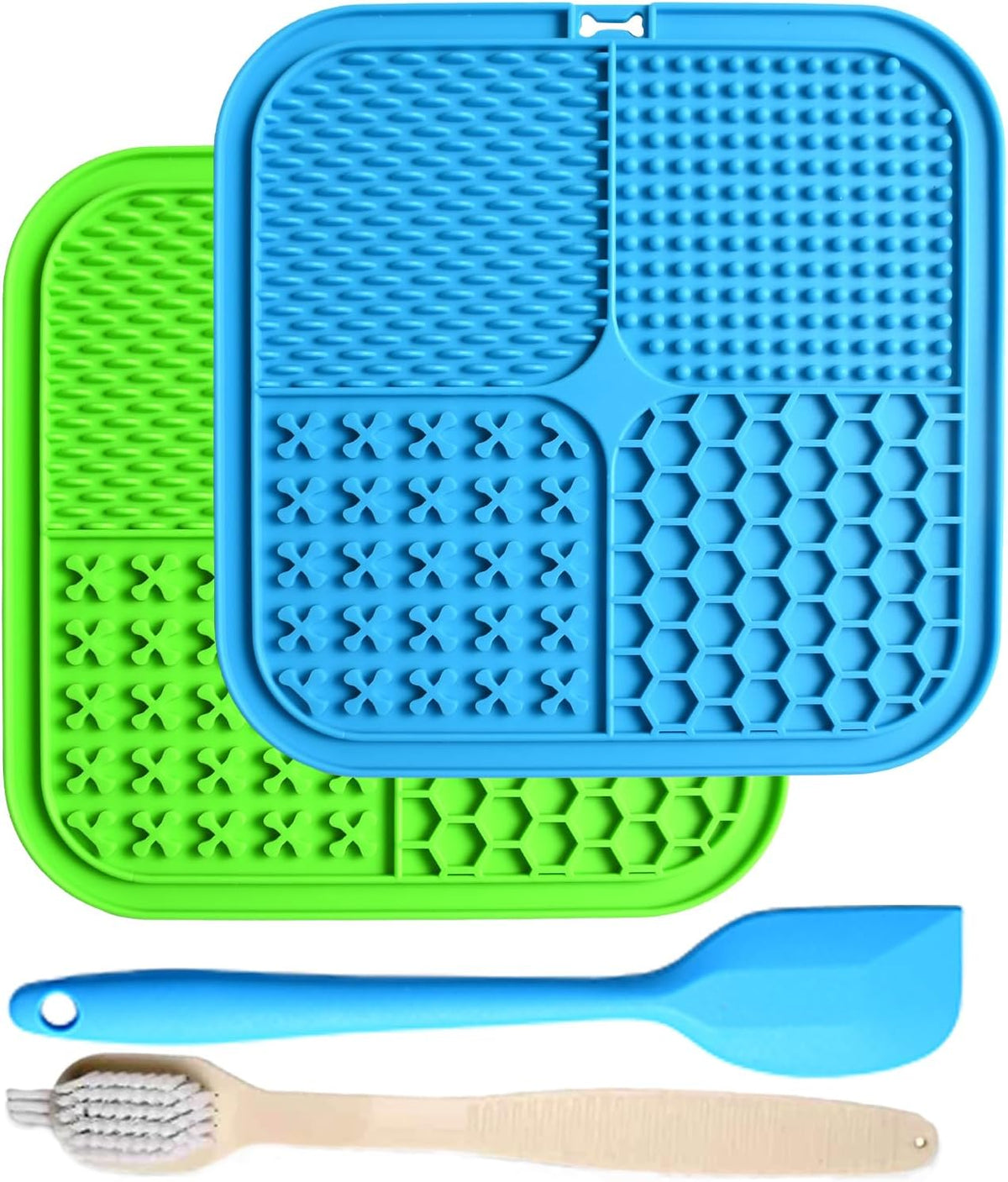 Lick Mats for Dogs & Cats - 2 Pack Licking Pad with Suction Cups for Dog Anxiety Relief, Slow Feeder Dog Bowls, Perfect for Bathing Grooming and Training (Green/Blue + Spatula & Brush)