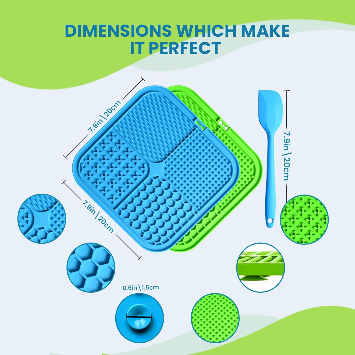 Lick Mats for Dogs & Cats - 2 Pack Licking Pad with Suction Cups for Dog Anxiety Relief, Slow Feeder Dog Bowls, Perfect for Bathing Grooming and Training (Green/Blue + Spatula & Brush)