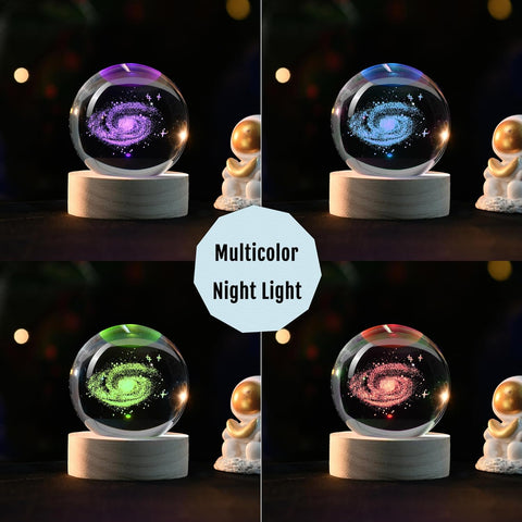 3D Galaxy Crystal Ball 2.36" Laser Engraved Glass Planet Sphere Gifts with Colorful Lighted Base Decorative Glass Ball Galaxy Model Decor Space Universe Gifts for Astronomy Lover