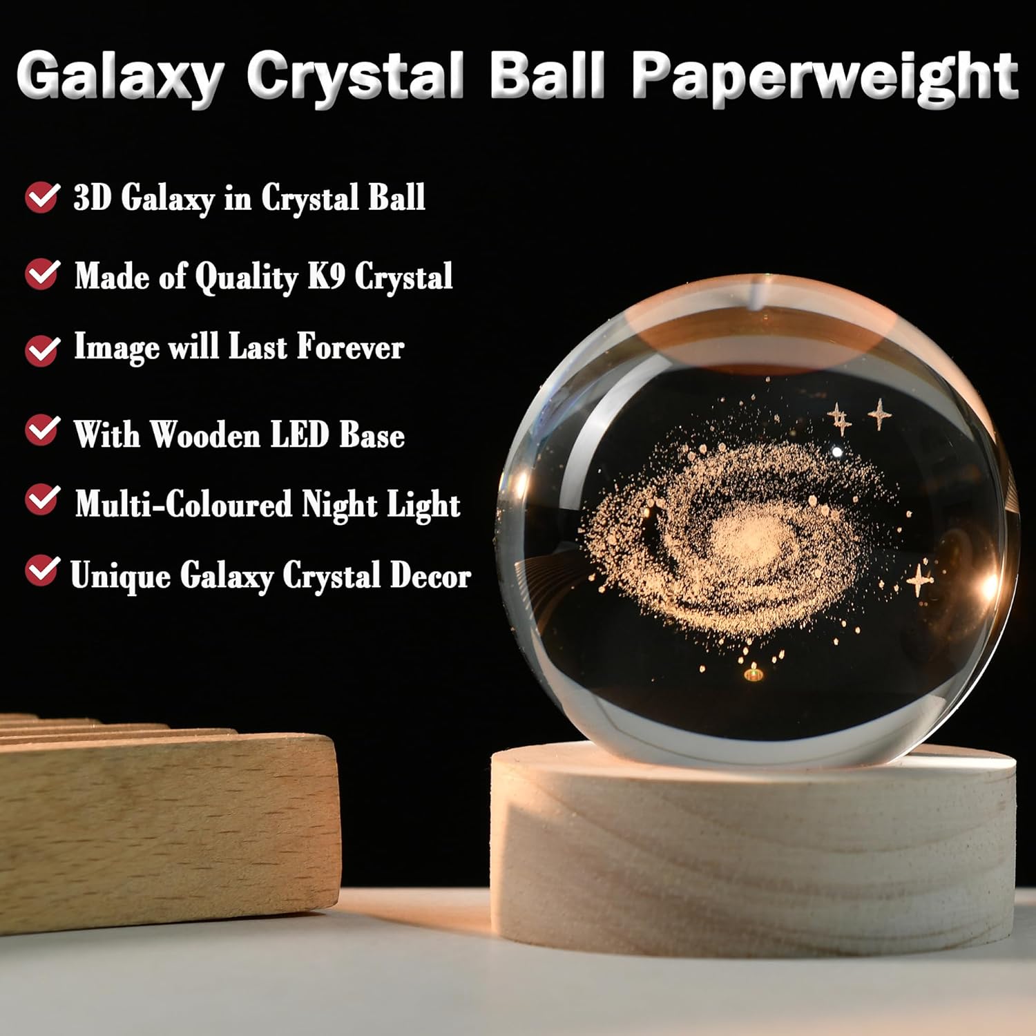 3D Galaxy Crystal Ball 2.36" Laser Engraved Glass Planet Sphere Gifts with Colorful Lighted Base Decorative Glass Ball Galaxy Model Decor Space Universe Gifts for Astronomy Lover