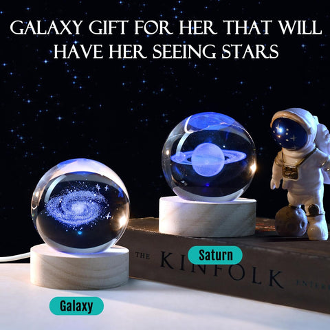 3D Galaxy Crystal Ball 2.36" Laser Engraved Glass Planet Sphere Gifts with Colorful Lighted Base Decorative Glass Ball Galaxy Model Decor Space Universe Gifts for Astronomy Lover